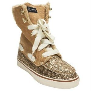 Sperry Top-Sider Sherpa Ankle Boots High-Top Tan Gold Sparkle Shoes Womens Sz 9M